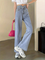 High Waist Loose Fit Straight Jeans Raw Cut Washed Denim Pants