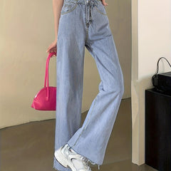 High Waist Loose Fit Straight Jeans Raw Cut Washed Denim Pants