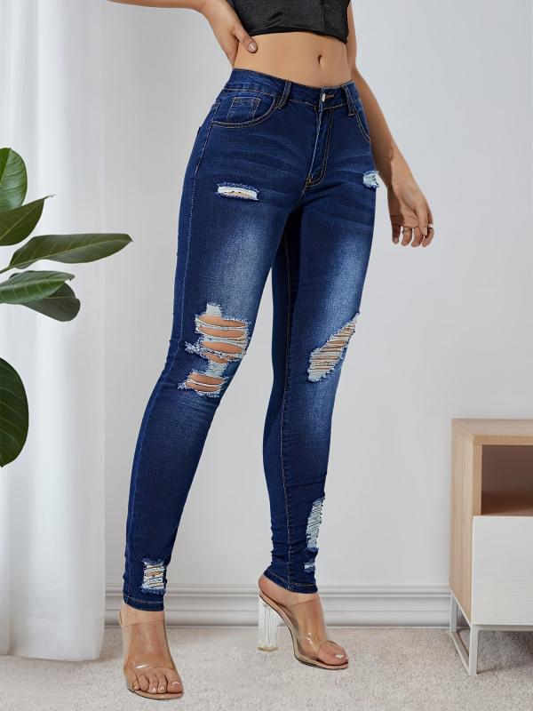 Dark Distressed Skinny Jeans High Stretch Denim Trousers Women's Clothing