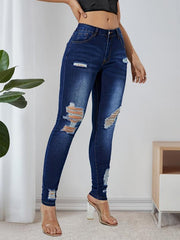 Dark Distressed Skinny Jeans High Stretch Denim Trousers Women's Clothing