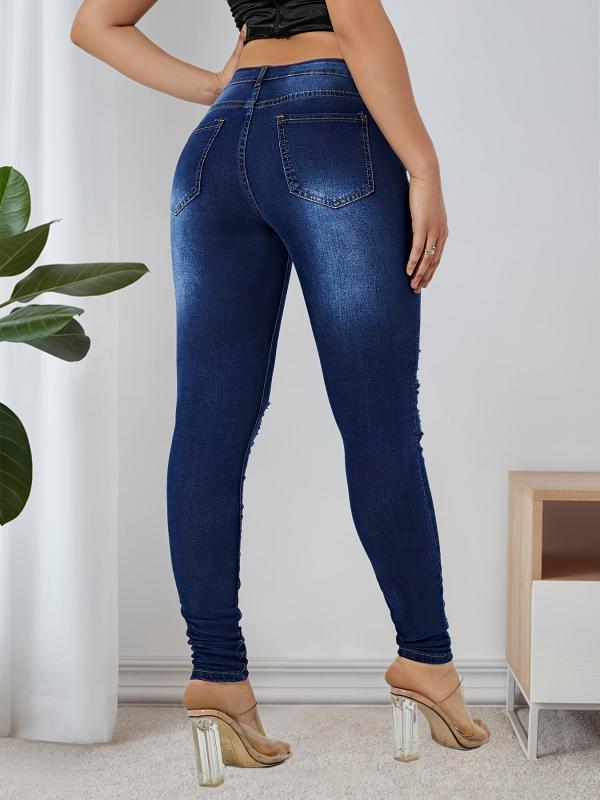 Dark Distressed Skinny Jeans High Stretch Denim Trousers Women's Clothing