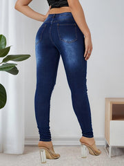 Dark Distressed Skinny Jeans High Stretch Denim Trousers Women's Clothing