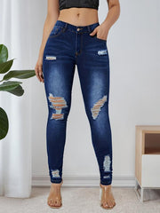 Dark Distressed Skinny Jeans High Stretch Denim Trousers Women's Clothing