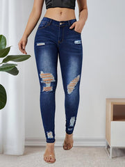 Dark Distressed Skinny Jeans High Stretch Denim Trousers Women's Clothing