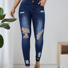 Dark Distressed Skinny Jeans High Stretch Denim Trousers Women's Clothing