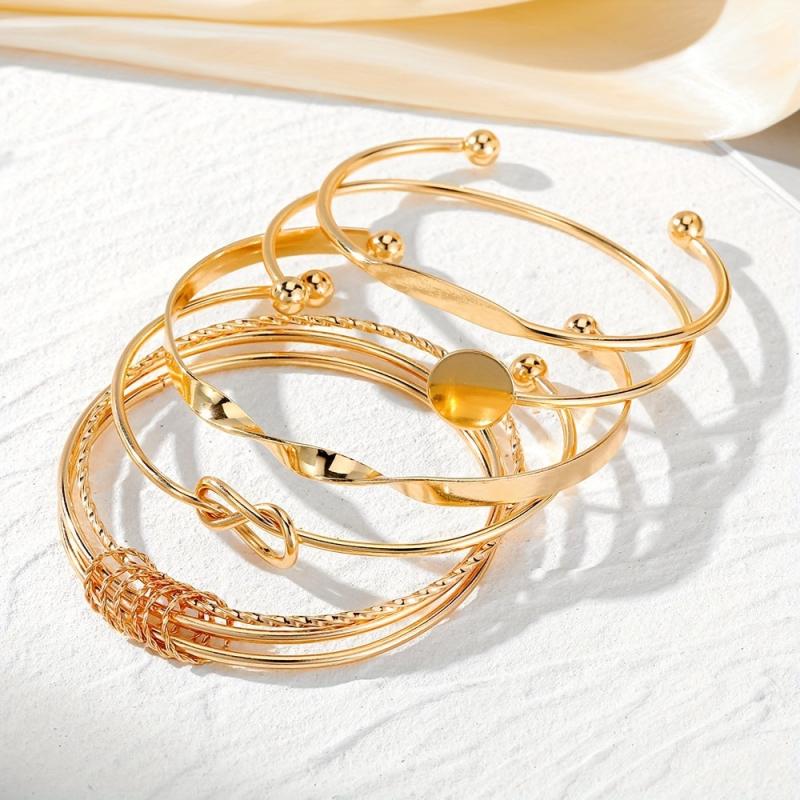 5pcs Golden Cuff Bangle Bracelet Set Alloy Jewelry Gift