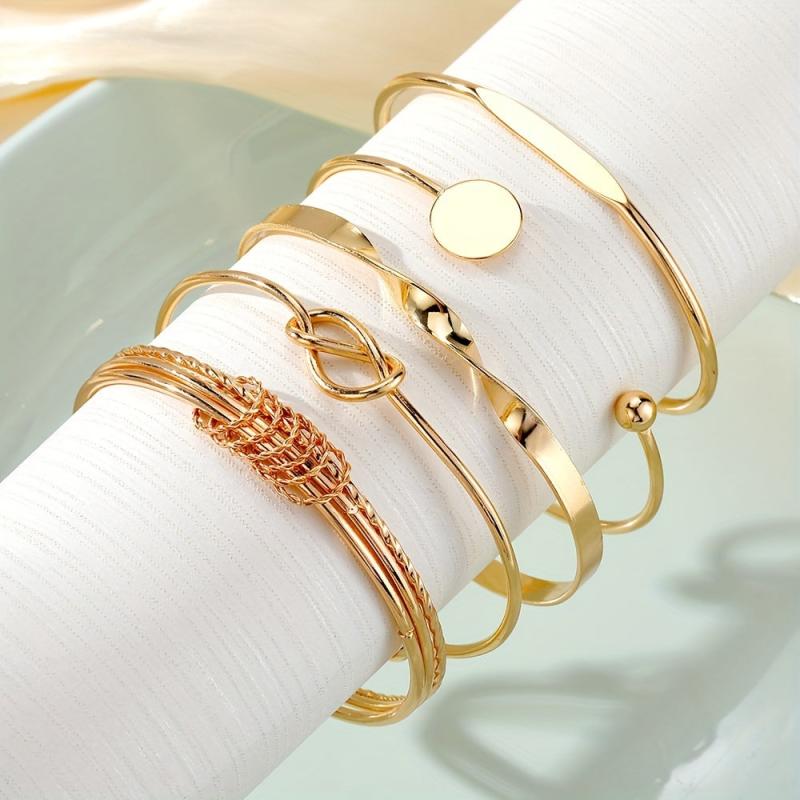 5pcs Golden Cuff Bangle Bracelet Set Alloy Jewelry Gift