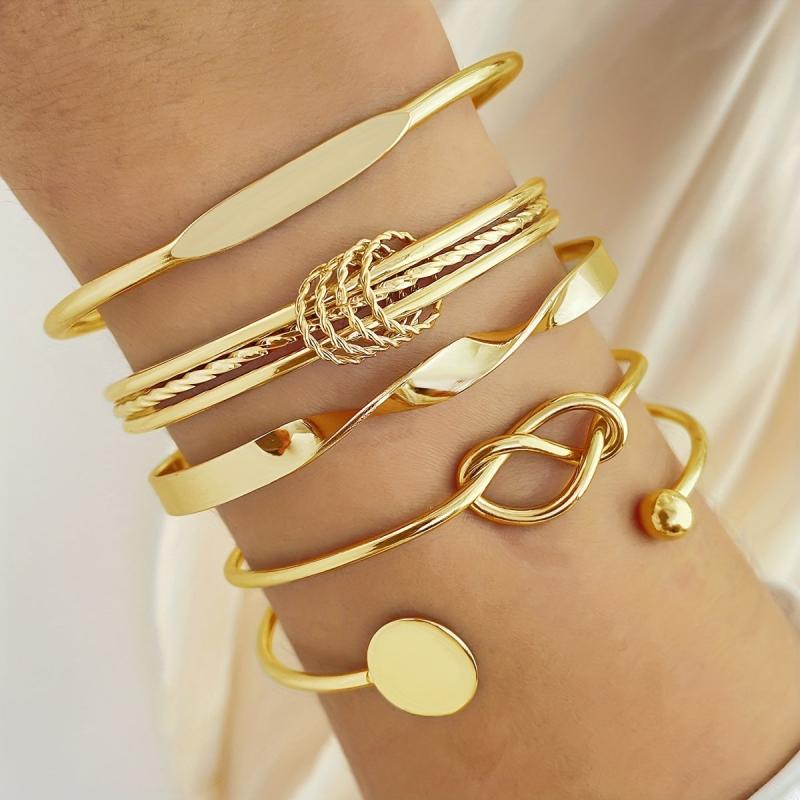 5pcs Golden Cuff Bangle Bracelet Set Alloy Jewelry Gift
