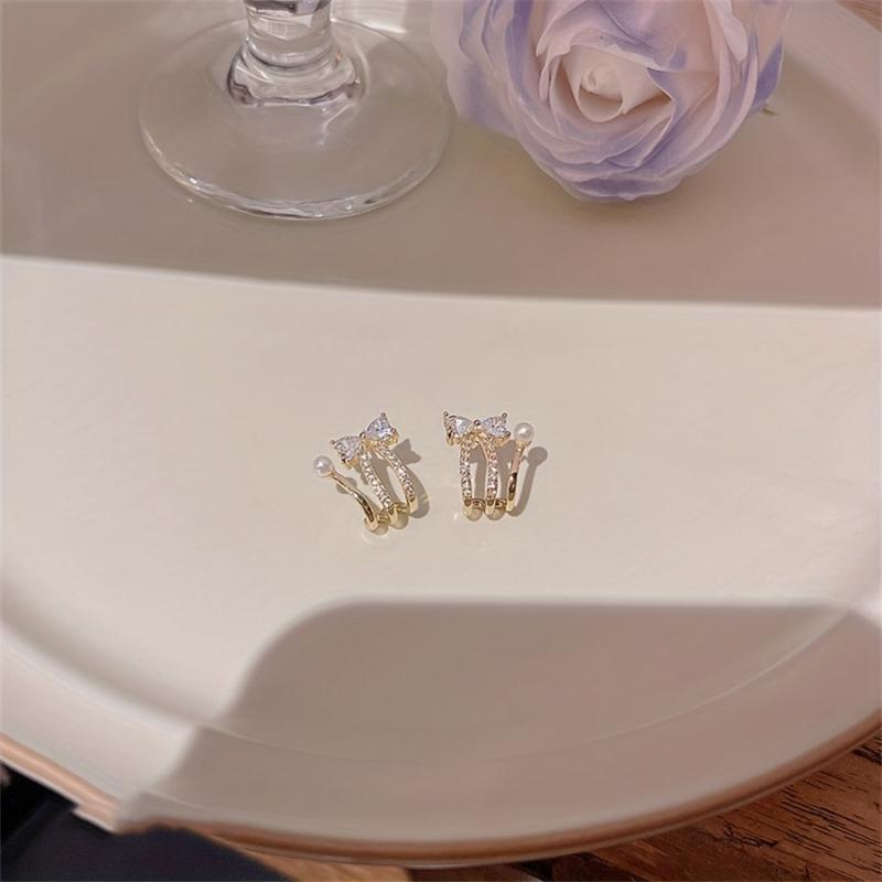 Bow Faux Pearl Earrings Zircon Copper Jewelry
