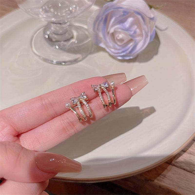 Bow Faux Pearl Earrings Zircon Copper Jewelry
