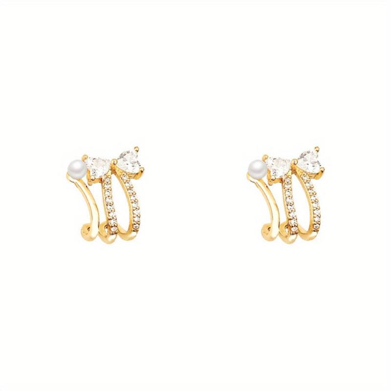 Bow Faux Pearl Earrings Zircon Copper Jewelry
