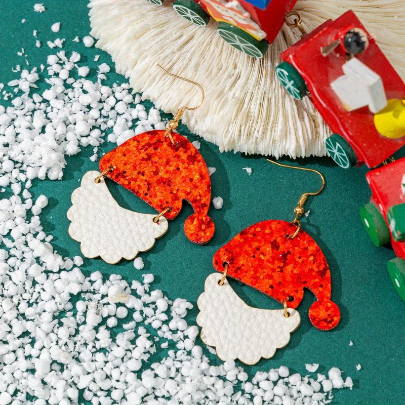 Christmas Santa Claus Hat Beard Dangle Earrings Bling Bling Cartoon Style