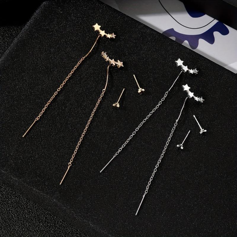 4 Pcs Set Of Stud Earrings 5 Pentagram With Long Chain Style