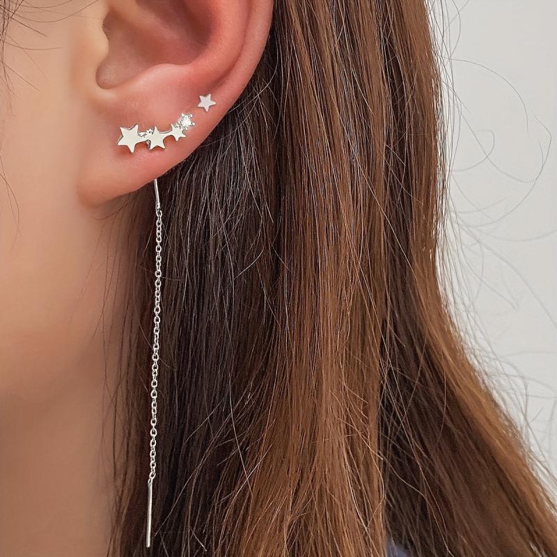 4 Pcs Set Of Stud Earrings 5 Pentagram With Long Chain Style