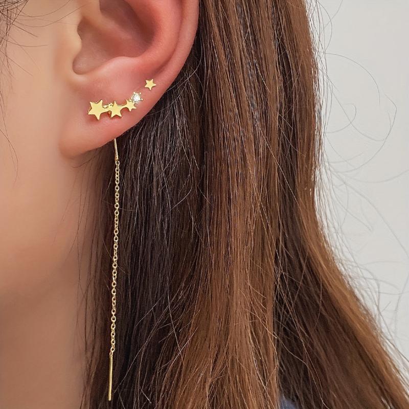 4 Pcs Set Of Stud Earrings 5 Pentagram With Long Chain Style