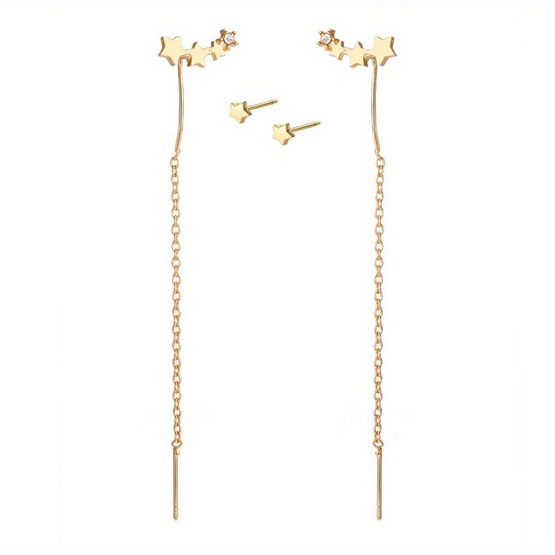 4 Pcs Set Of Stud Earrings 5 Pentagram With Long Chain Style