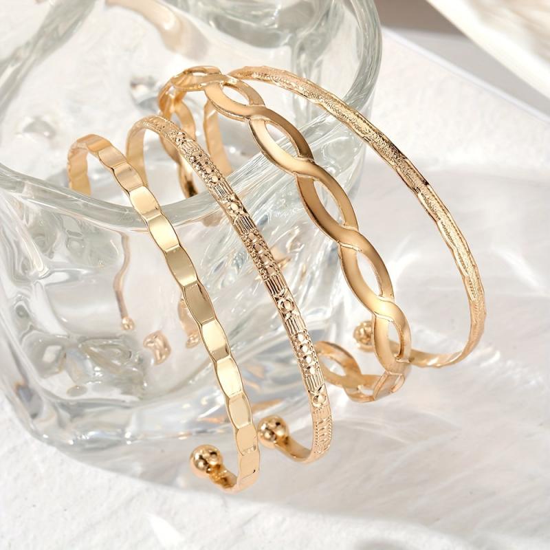 4pcs Set Hip Hop Metal Cross Wave Pattern Bangle Stacked Bracelet