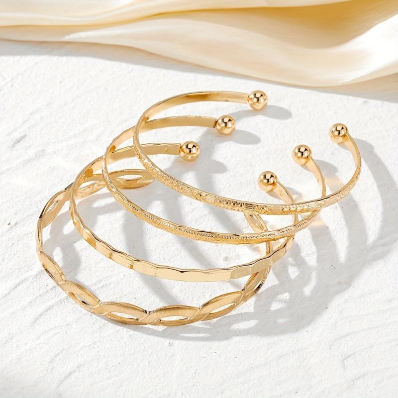4pcs Set Hip Hop Metal Cross Wave Pattern Bangle Stacked Bracelet
