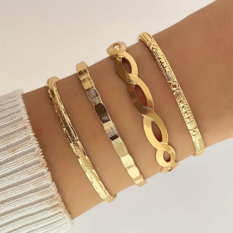 4pcs Set Hip Hop Metal Cross Wave Pattern Bangle Stacked Bracelet