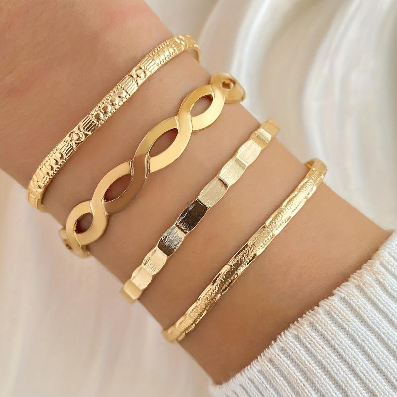 4pcs Set Hip Hop Metal Cross Wave Pattern Bangle Stacked Bracelet