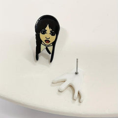 Gothic Style Asymmetric Stud Earrings with Cartoon Girls & Palm