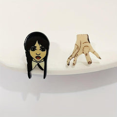 Gothic Style Asymmetric Stud Earrings with Cartoon Girls & Palm