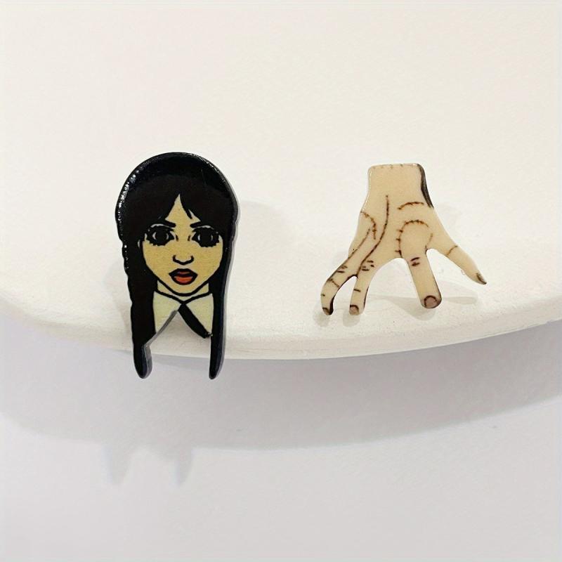 Gothic Style Asymmetric Stud Earrings with Cartoon Girls & Palm