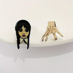 Gothic Style Asymmetric Stud Earrings with Cartoon Girls & Palm