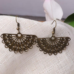 Boho Scalloped Drop Earrings Carved Metal Hooks Vintage Style