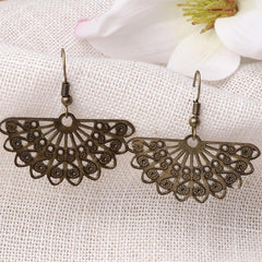 Boho Scalloped Drop Earrings Carved Metal Hooks Vintage Style