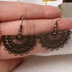 Boho Scalloped Drop Earrings Carved Metal Hooks Vintage Style