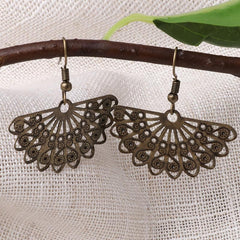 Boho Scalloped Drop Earrings Carved Metal Hooks Vintage Style
