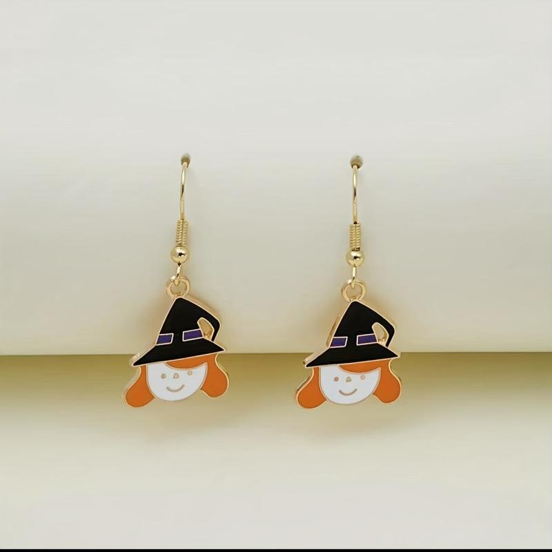 Halloween Pumpkin Magic Broom Witch Enamel Dangle Earrings