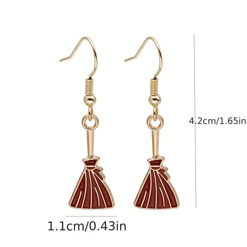 Halloween Pumpkin Magic Broom Witch Enamel Dangle Earrings
