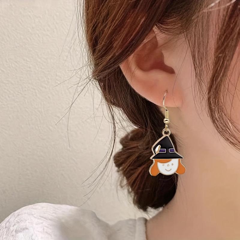 Halloween Pumpkin Magic Broom Witch Enamel Dangle Earrings