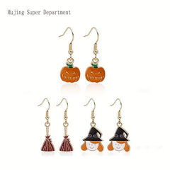 Halloween Pumpkin Magic Broom Witch Enamel Dangle Earrings