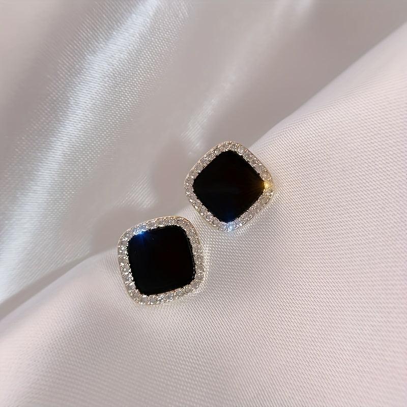 Square Shape Stud Earrings Rhinestone Decor Japanese Style Zinc Alloy