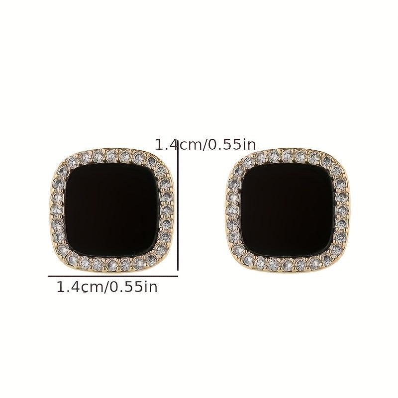 Square Shape Stud Earrings Rhinestone Decor Japanese Style Zinc Alloy