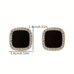 Square Shape Stud Earrings Rhinestone Decor Japanese Style Zinc Alloy