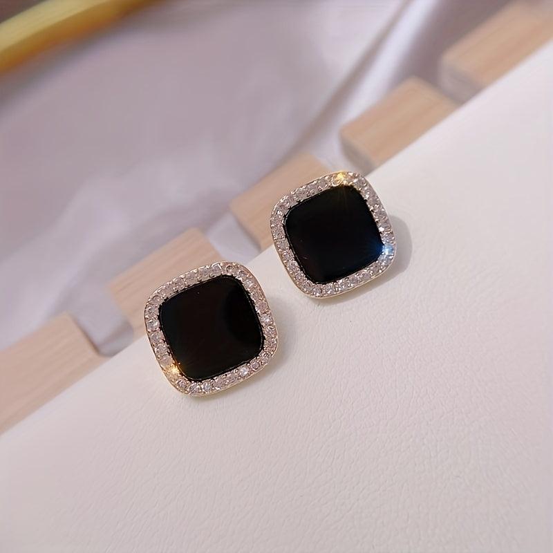 Square Shape Stud Earrings Rhinestone Decor Japanese Style Zinc Alloy