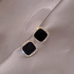 Square Shape Stud Earrings Rhinestone Decor Japanese Style Zinc Alloy