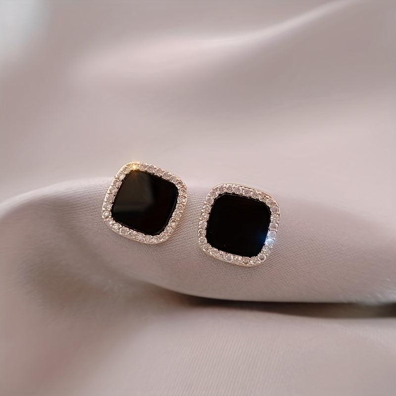 Square Shape Stud Earrings Rhinestone Decor Japanese Style Zinc Alloy