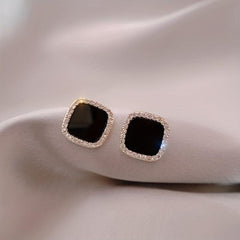Square Shape Stud Earrings Rhinestone Decor Japanese Style Zinc Alloy