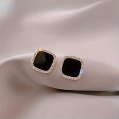 Square Shape Stud Earrings Rhinestone Decor Japanese Style Zinc Alloy