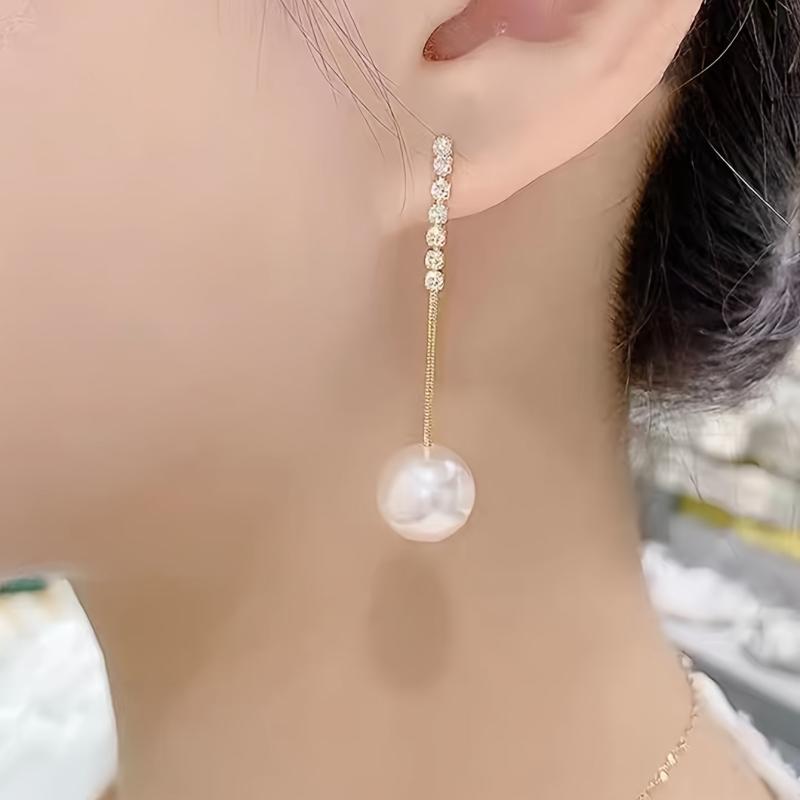 Dangle Earrings Pearl Inlaid Long Pendant Copper Earrings Jewelry Gift