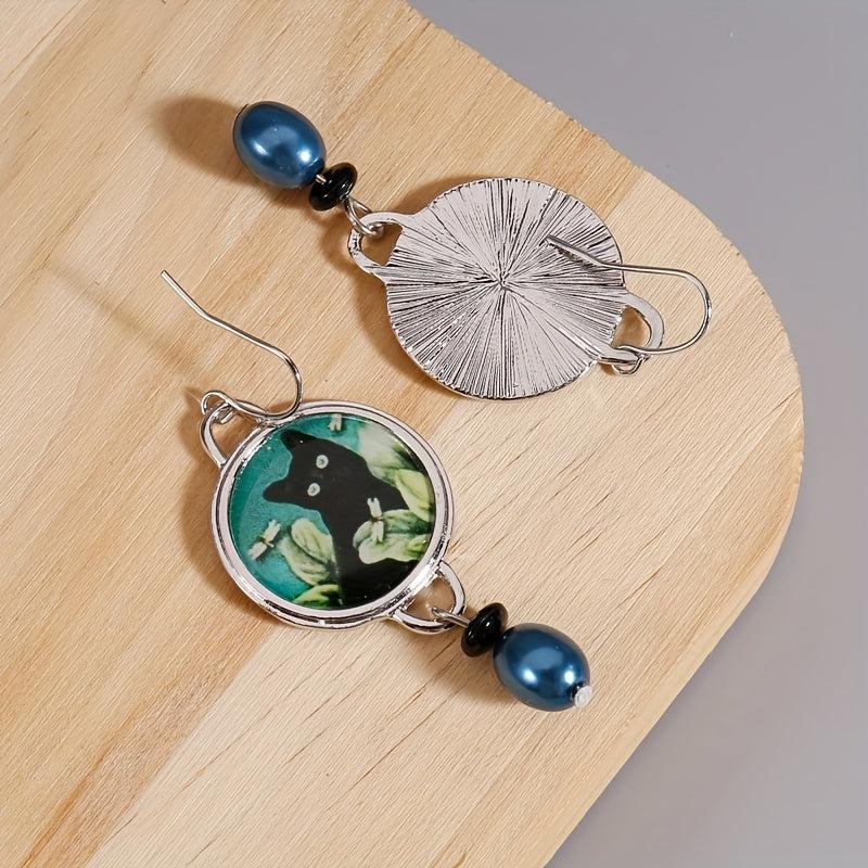 Cat Flower Dangle Earrings Green Pearl Round Alloy Earrings