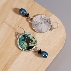Cat Flower Dangle Earrings Green Pearl Round Alloy Earrings