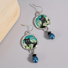 Cat Flower Dangle Earrings Green Pearl Round Alloy Earrings