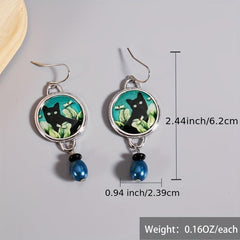 Cat Flower Dangle Earrings Green Pearl Round Alloy Earrings