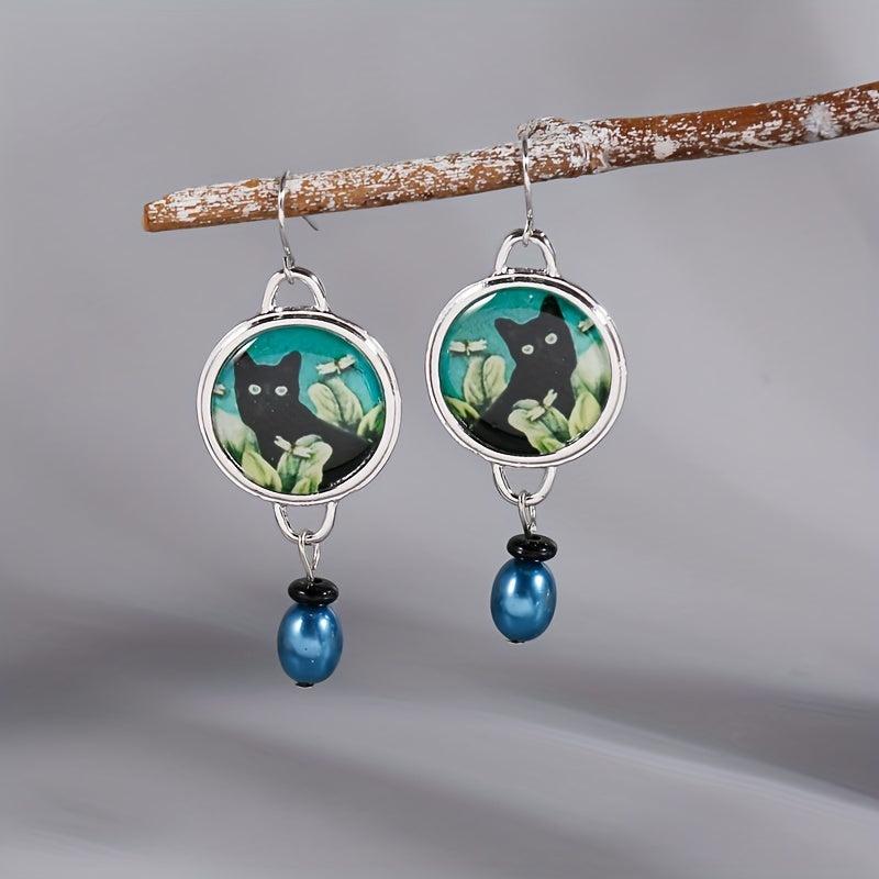 Cat Flower Dangle Earrings Green Pearl Round Alloy Earrings